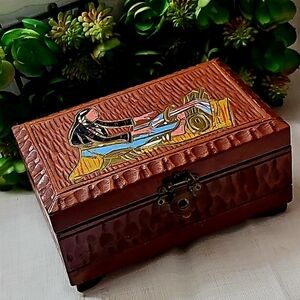 Vintage Handcrafted Brown Carved Wood Jewelry Box with Colorful Painted Inlay